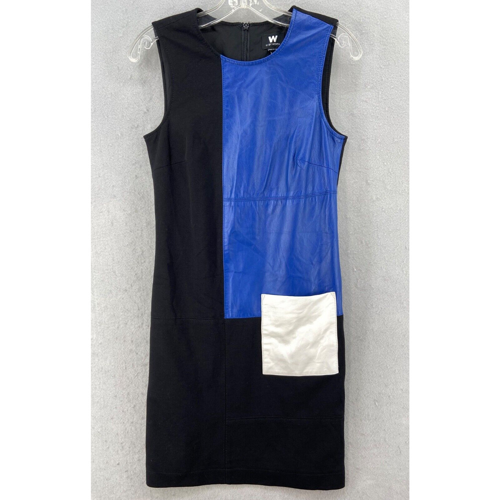 W by Worth Dress Womens Sz 2 Edgy Black Sheath Leather Accents Patches Zip
